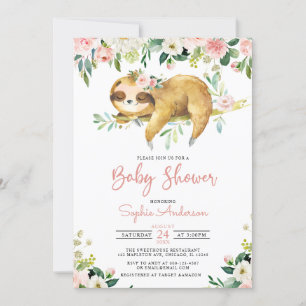 Pink Floral Girl Niedlich Sloth Baby Dusche Einlad Einladung