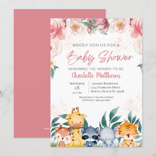 Pink Floral Girl Safari Jungle Animals Baby Dusche Einladung