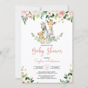 Pink Floral Girl Safari Jungle Animals Baby Dusche Einladung
