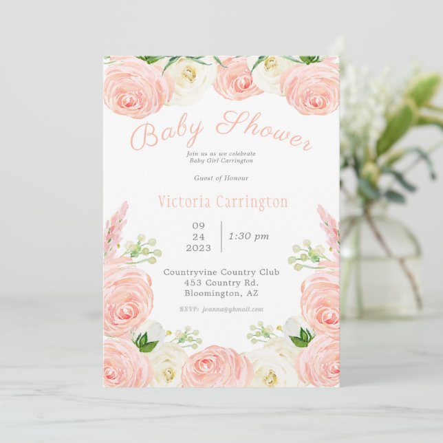 Pink Floral Girl Watercolor Script Babydusche Einladung (Stehend Vorderseite)