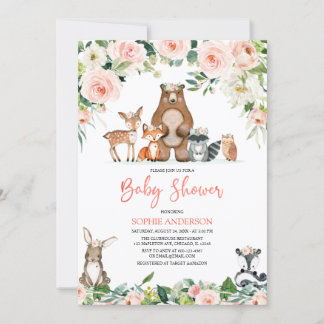 Pink Floral Girl Woodland Animals Kinderdusche Einladung