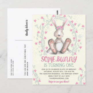 Pink Floral Girls Bunny Birthday Party Einladung Postkarte