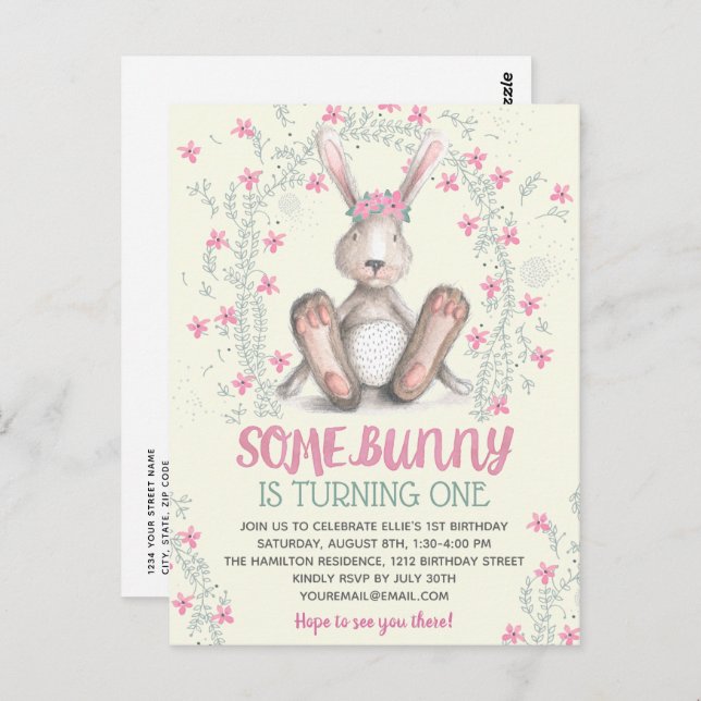Pink Floral Girls Bunny Birthday Party Einladung Postkarte (Vorne/Hinten)