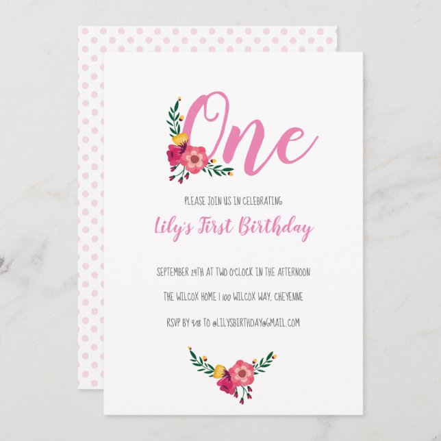 Pink Floral Girl's First Birthday Party Einladung (Vorne/Hinten)