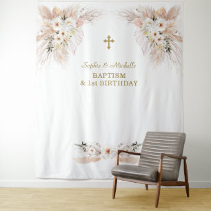 Pink Floral Girls Twins 1. Geburtstag Taufen Tapes Wandteppich