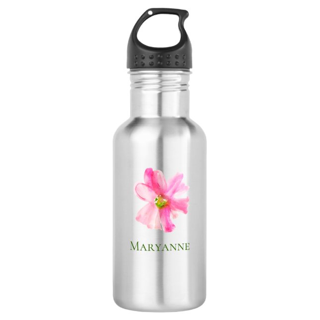 Pink Floral Girly Personalisiert Edelstahlflasche (Vorderseite)