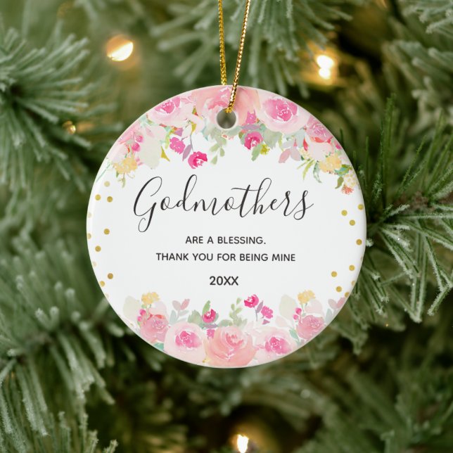 Pink Floral Godmothers Gold Keramik Ornament (Baum)