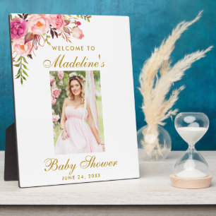 Pink Floral Gold Baby Dusche Foto Willkommen Fotoplatte