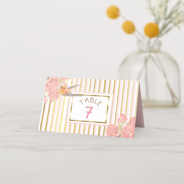 PInk Floral Gold Bird Wedding Tischnummer Platzkarte (Vorderseite)