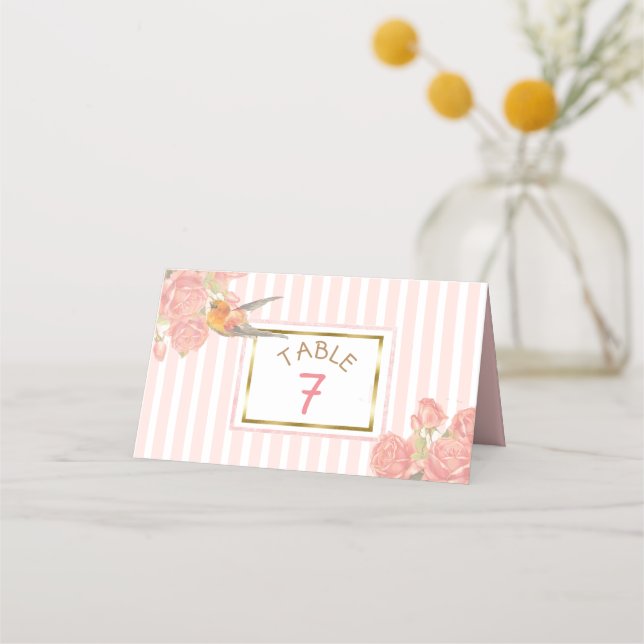 PInk Floral Gold Bird Wedding Tischnummer Platzkarte (Vorderseite)