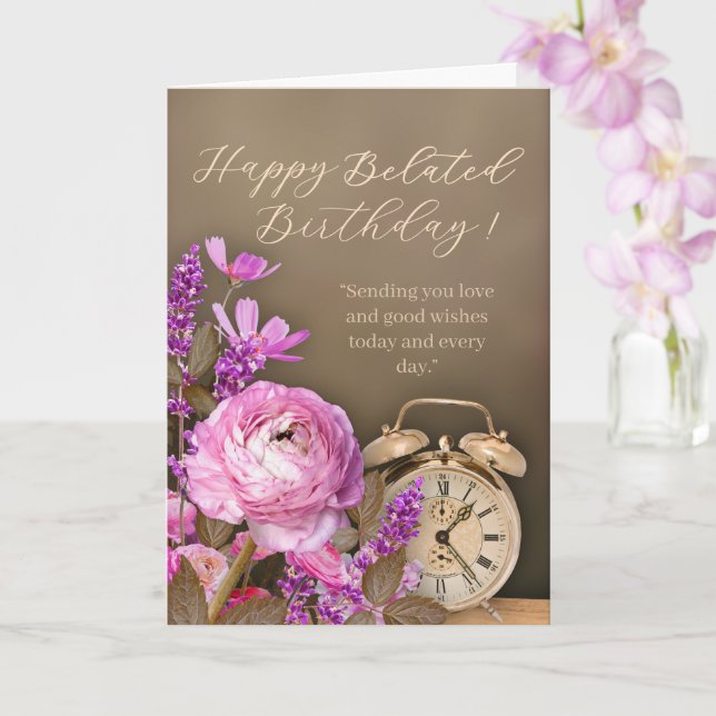 Pink Floral Gold Clock Belated Birthday Card Karte (Orchidee)