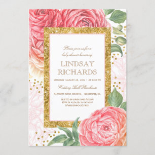Pink Floral Gold Confetti Watercolor Babydusche Einladung