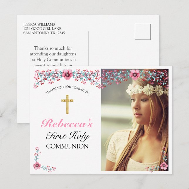 Pink Floral Gold Cross Erste Kommune Vielen Dank Postkarte (Vorne/Hinten)