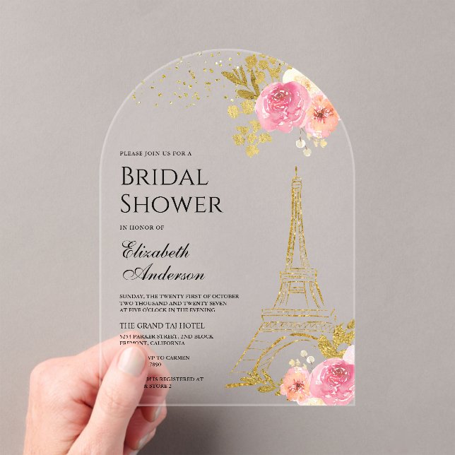Pink Floral Gold Eiffel Tower Arch Bridal Shower Acryleinladungen (Insitu (Handheld))