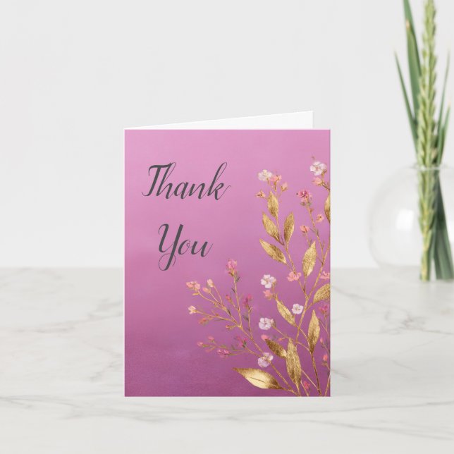 Pink Floral & Gold Foil Trim Danke Karte (Vorderseite)