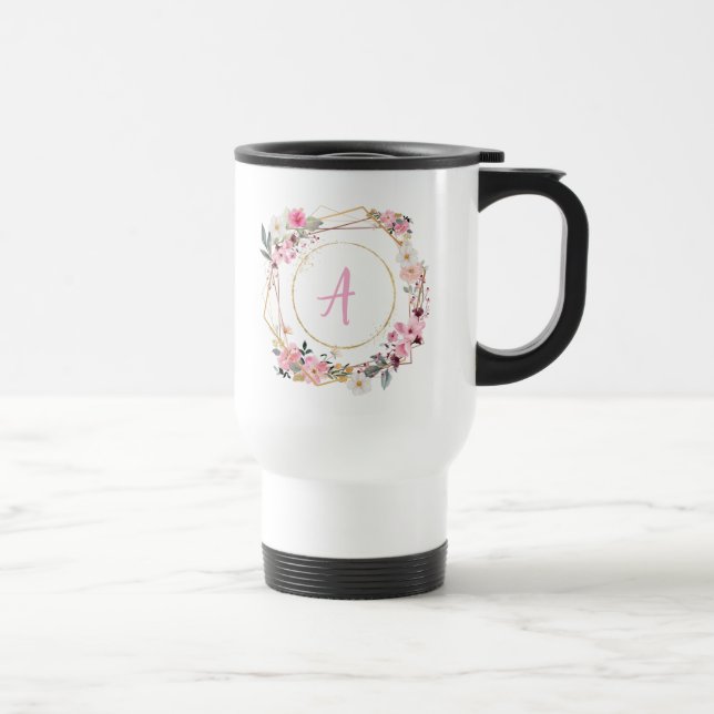 Pink Floral Gold Geometric Travel Mug Reisebecher (Rechts)