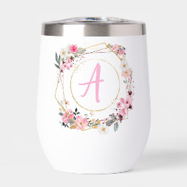 Pink Floral Gold Geometric Wine Tumbler
