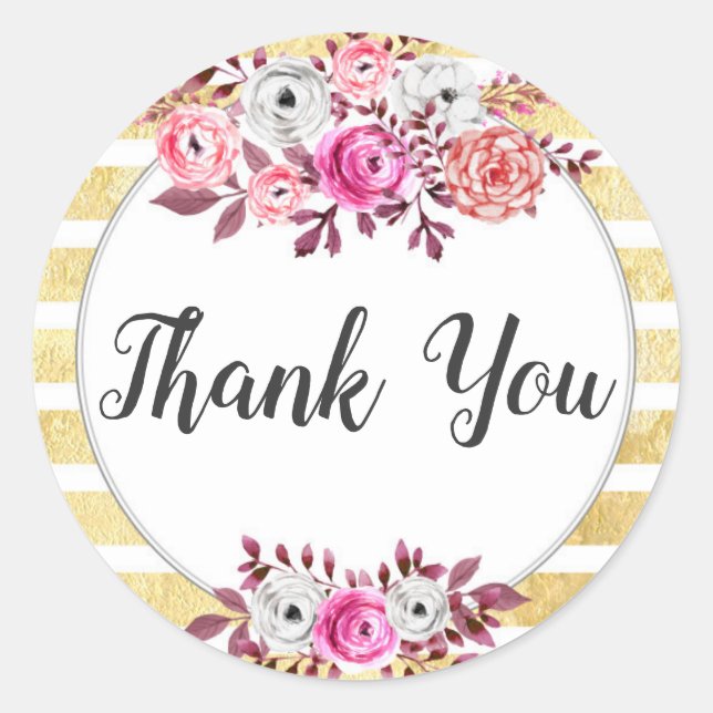 Pink Floral Gold Glam Wasserfarbe Streifen Vielen  Runder Aufkleber (Vorderseite)