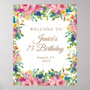 Pink Floral Gold Glitter 75. Geburtstag Willkommen Poster
