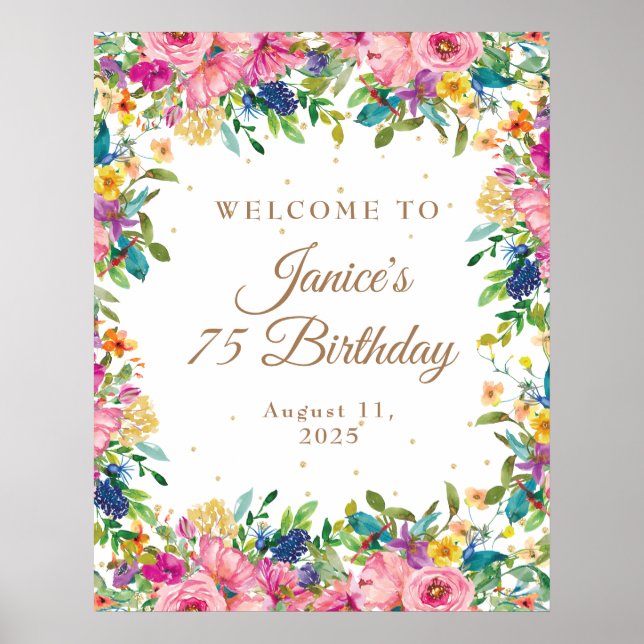 Pink Floral Gold Glitter 75th Birthday Welcome  Poster (Vorne)