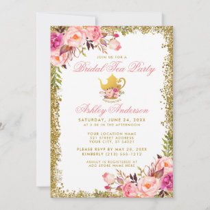 Pink Floral Gold Glitzer Bridal Teezeremonie auf d Einladung