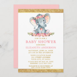 Pink Floral Gold Glitzer Kinderdusche Elefant Einladung