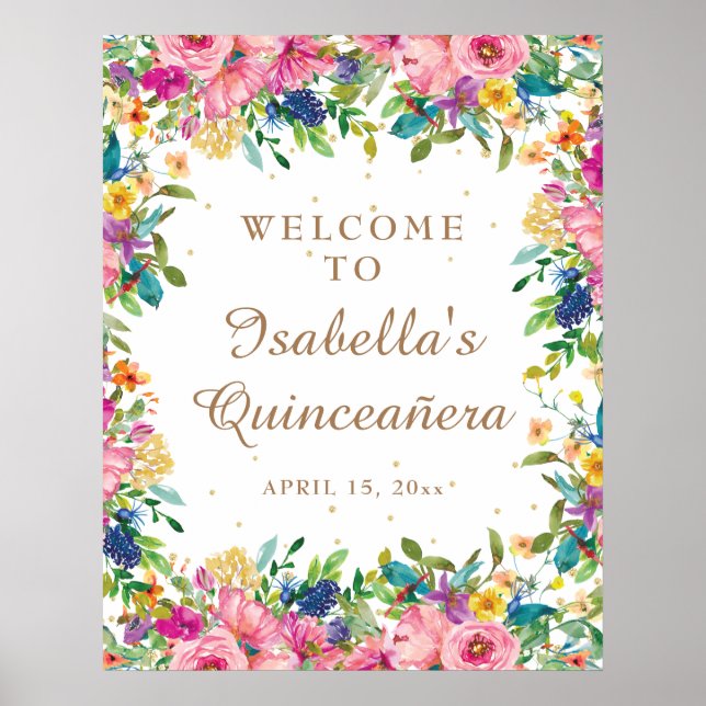 Pink Floral Gold Glitzer Quinceañera Willkommen Poster (Vorne)