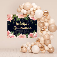 Pink Floral Gold Glitzer Stars Black Quinceañera