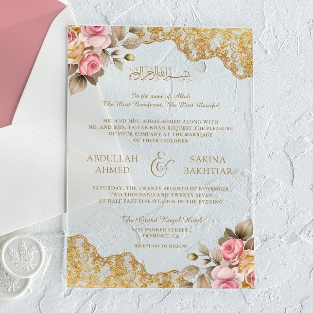 Pink Floral Gold Lace Muslim Wedding Acryleinladungen (Von Creator hochgeladen)