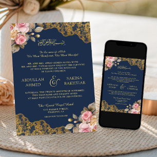 Pink Floral Gold Lace Navy Blue muslimische Hochze Einladung