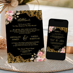Pink Floral Gold Lace QR Code Schwarze muslimische Einladung