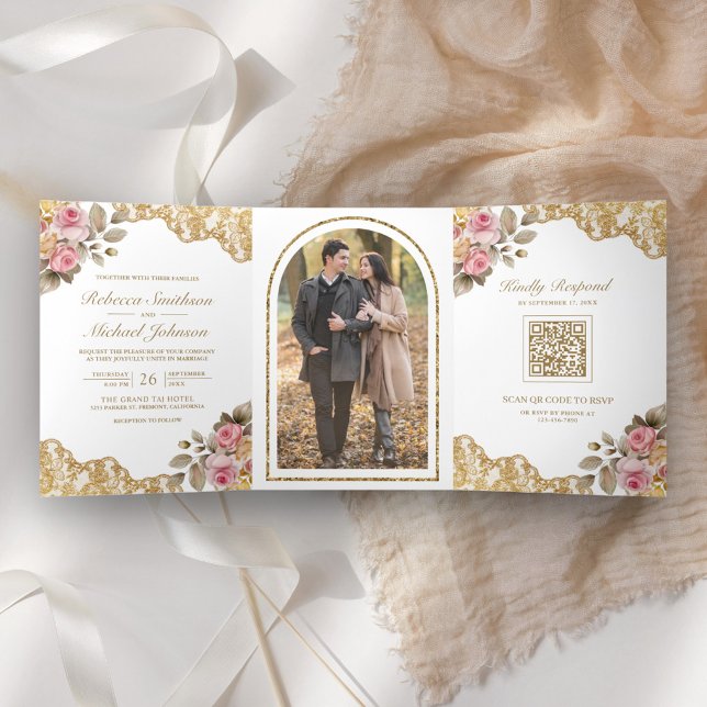 Pink Floral Gold Lace QR Foto Hochzeit Dreifach Gefaltete Einladung (Von Creator hochgeladen)
