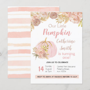 Pink Floral Gold Pumpkin 1. Geburtstag Einladung