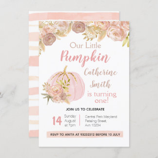 Pink Floral Gold Pumpkin 1. Geburtstag Einladung