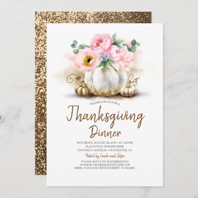 Pink Floral Gold Pumpkin Erntedank Dinner Einladung (Vorne/Hinten)