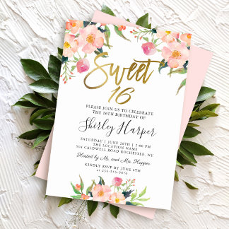 Pink Floral Gold Script 16 . Geburtstag 16 Geburts Einladung