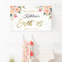 Pink Floral Gold Script Sweet 16 Birthday Banner