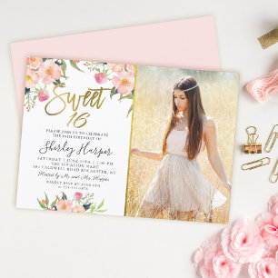 Pink Floral Gold Script Sweet 16 Birthday Foto Einladung