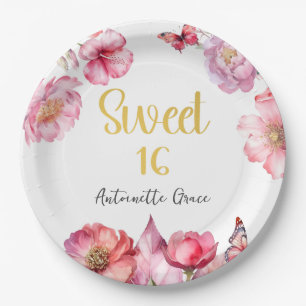 Pink Floral Gold Script Sweet 16 Geburtstag Pappteller
