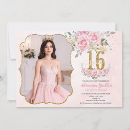 Pink Floral Gold Sweet Sixteen 16th Birthday Photo Einladung