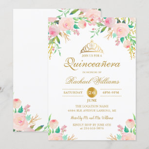 Pink Floral Gold Tiara Quinceañera 15. Geburtstag Einladung
