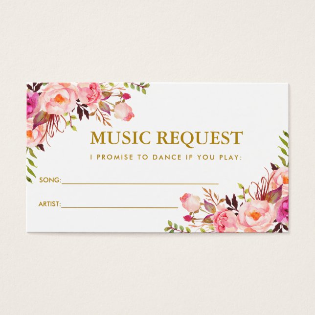 Pink Floral Gold Wedding Music Song Request Card (Vorderseite)