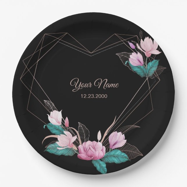 Pink Floral Golden Geometric Elegant Black Party Pappteller (Vorderseite)