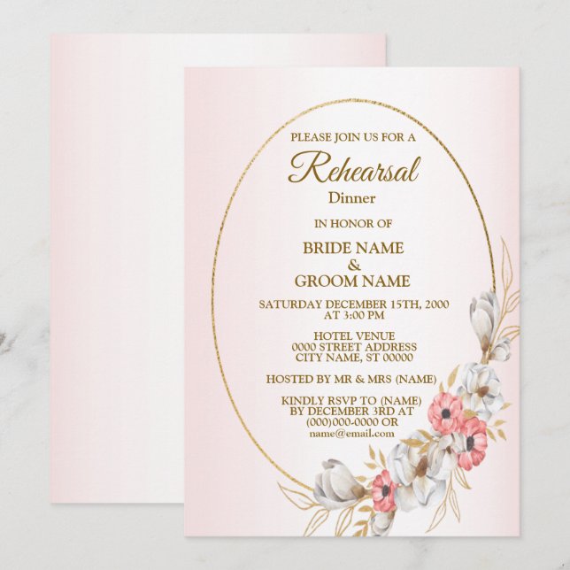Pink Floral Golden Peach Wedding Rehearsal Dinner Einladung (Vorne/Hinten)