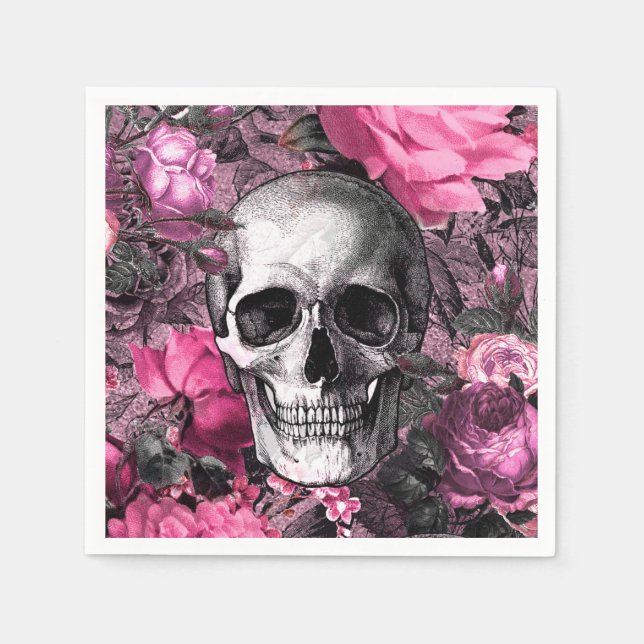 Pink Floral Goth Skull Serviette (Vorderseite)