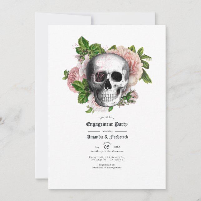Pink Floral Gothic Skull Engagement Party Einladung (Vorderseite)