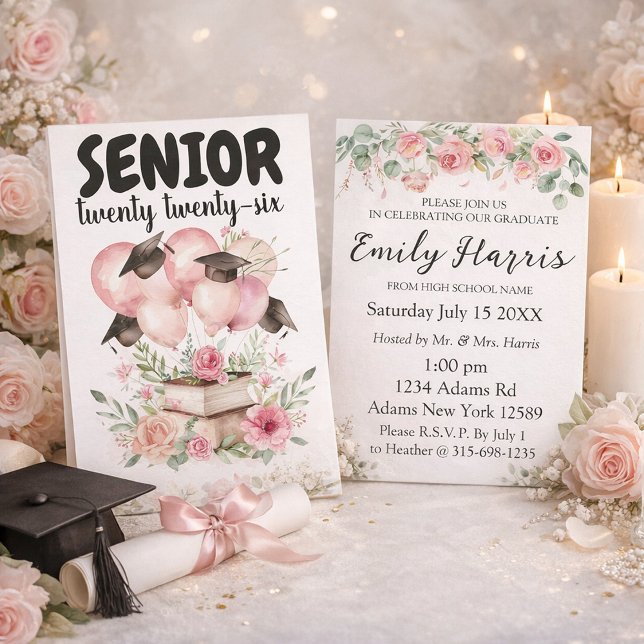 Pink Floral Graduation Party Invitation Karte (Von Creator hochgeladen)
