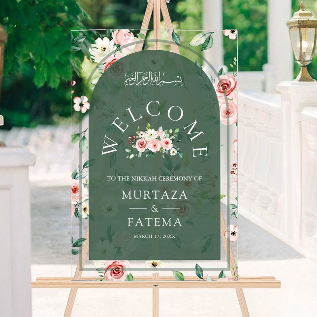 Pink Floral Green Arch Muslim Wedding Welcome Acrylschild (Von Creator hochgeladen)