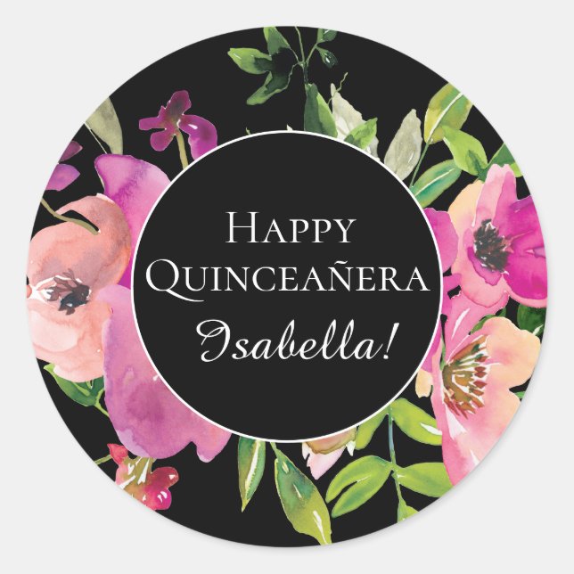 Pink Floral Green Blätter Black Happy Quinceañera Runder Aufkleber (Vorderseite)