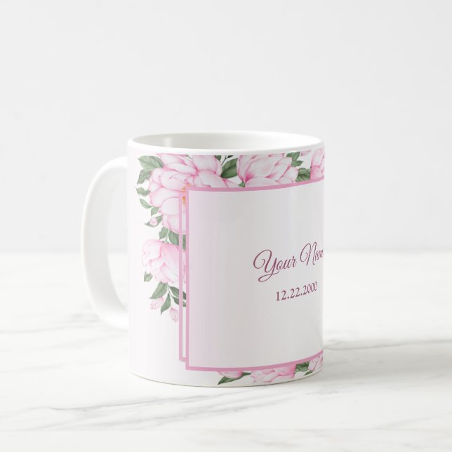 Pink Floral Green Leaves Elegant Wedding Party Kaffeetasse (Vorderseite Links)